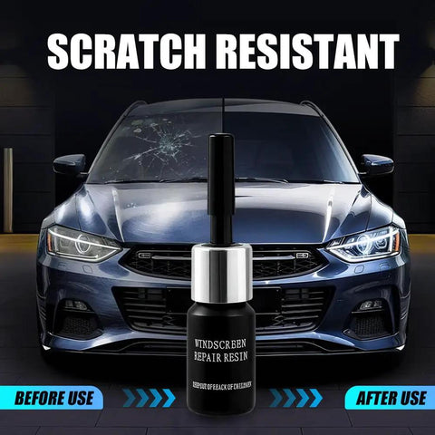 Windshield Repair Kit For Chips And Cracks With Nano Glass Filler Fluid Fast DIY Glass Repair bottle in front of car.