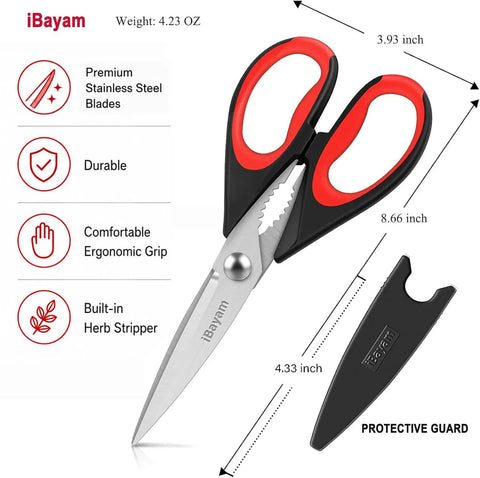 Three Pack 8.7 Inch Kitchen Scissors All Purpose Heavy Duty Shears With Sheath For Food Prep Meat Poultry Fish Veggies Seafood And More Tough As Nails Razor Sharp Multi Use Kitchen Tools For Home Camp And RV. stainless steel blades with sheath