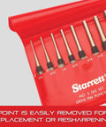 Set of drive pin punches displayed in a red case, with tapered points showing a variety of sizes from 1/8 to 3/4 inches.