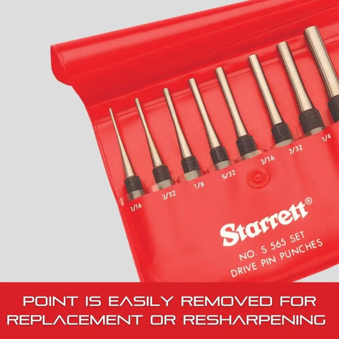 Set of drive pin punches displayed in a red case, with tapered points showing a variety of sizes from 1/8 to 3/4 inches.