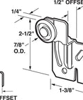 Diagram of Closet Door Roller Kit With 1/2 Inch Offset Bracket And 7/8 Inch Nylon Wheel 2 Pack, showing mounting dimensions.