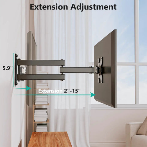 Extension adjustment for Full Motion TV Wall Mount for 13 to 32 inch LED LCD displays, showing 2"-15" range.