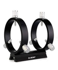 Guide Scope Ring Kit For Telescopes 43mm To 70mm, metal tube rings with mount bar, shown from side angle, dual ring setup