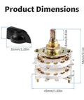 Dimensions of KCZ Rotary Band Switch 2P8T 2 Pole 8 Position Channel Selector with dual deck waveband switches and linear knob.