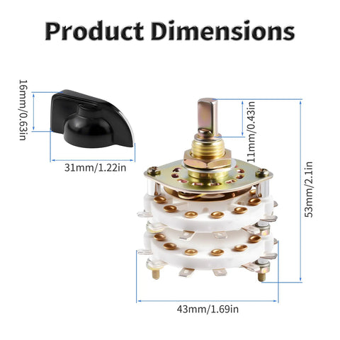 Dimensions of KCZ Rotary Band Switch 2P8T 2 Pole 8 Position Channel Selector with dual deck waveband switches and linear knob.