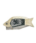 Damascus Fish Style Folding Knife With Ladder Pattern Blade, Brass Engraved Green Resin Handle, side view on white background