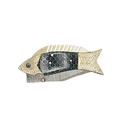 Damascus Fish Style Folding Knife With Ladder Pattern Blade, Brass Engraved Green Resin Handle, side view on white background