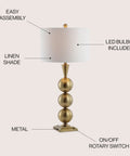 Brass Gold Stacked Orb LED Table Lamp 33 Inch Tall With White Linen Drum Shade, on/off switch, includes LED bulb, ETL listed