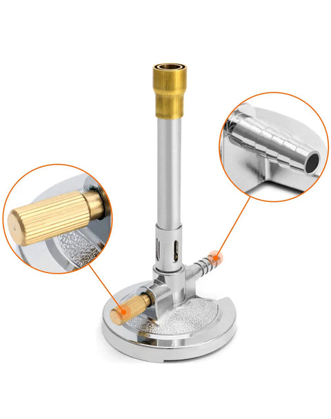 Pro Grade Lab Bunsen Burner for Natural Gas and Propane with Zinc Alloy Base and Copper Tube showing needle valve and air intake regulator