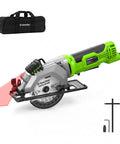 TaskStar 4-1/2 Inch Mini Circular Saw Laser Guide with attached corded motor and accessories for DIY wood and tile projects.