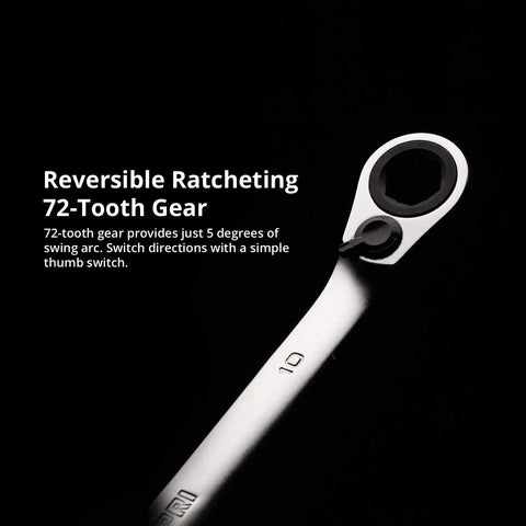 Close-up of 72-tooth gear on Long Pattern 6-Point Reversible Ratcheting Wrench Set 1/4 To 3/4 Inch SAE, 8-Piece With WaveDrive Plus