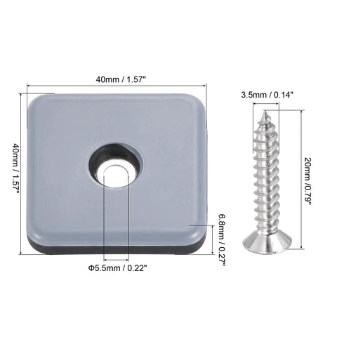 Heavy Duty Slick Rock Solid PTFE Furniture Feet Sliders Screw In Chair Leg Protectors Floor Friendly Glide Pads No Screech Table Savers 12 Pack Black Blue with dimensions displayed