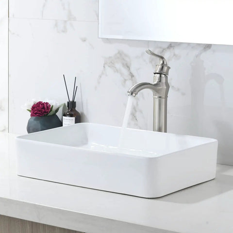 Vessel Bathroom Sink 20x14 Inch Rectangular Porcelain Ceramic Above Counter Modern Art Basin on a marble vanity top