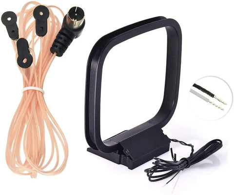 FM Dipole Antenna 75 Ohm Indoor AM Loop For Clear FM Reception shown with connectors and looped design