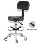 Rolling Adjustable Stool With Back And Wheels For Office Shop Kitchen Medical And Salon Use, shown with height adjustment feature.