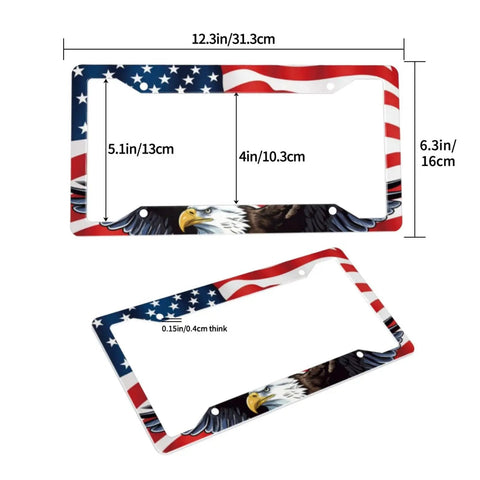 American Flag Bald Eagle License Plate Frame 2 Pack for Cars Rustproof Aluminum Plate Holder With Screw Caps Patriotic Metal Tag Frame Fits Standard 12x6 Inch US Plates, showing dimensions and eagle design
