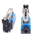 Front and side view of Two Pack ME 8108 Adjustable Roller Lever Arm Limit Switch for CNC Mills with rotary actuator