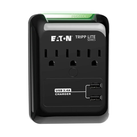 Three Outlet Travel Surge Protector With Two USB Ports, 540 Joules, Portable Power Strip For Laptops And Gadgets