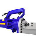 Heavy Duty Portable Electric Rebar Cutter 1250W Cuts 4-25mm Steel Rods And Bars High Performance Copper Motor Hydraulic Power For Construction Site Metal Fabrication Work Smooth Cutting Action. Side view of electric cutter with blue body.