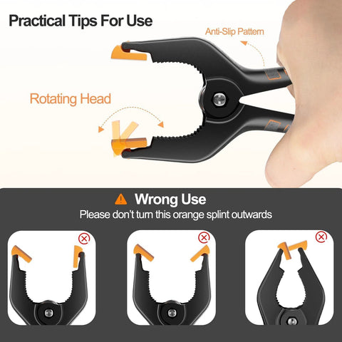 Front view: EMART 4.5-inch plastic heavy-duty spring clamp with rotating head and orange tips for backdrops