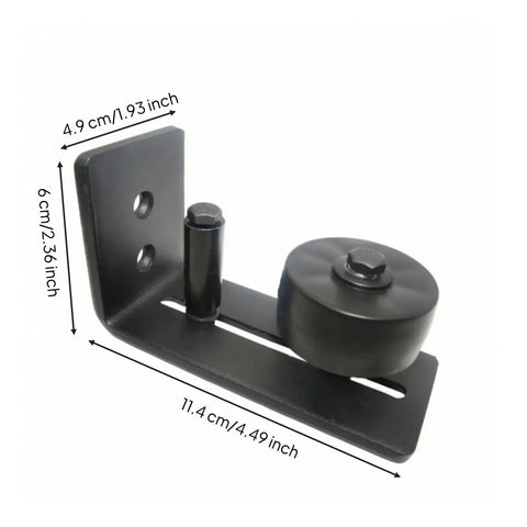 Rock Solid Bottom Barn Door Guide With Roller For Sleek Sliding Door Glide And Zero Wiggle Room Heavy Duty Floor Track Aligner, black metal roller and L-shaped bracket.