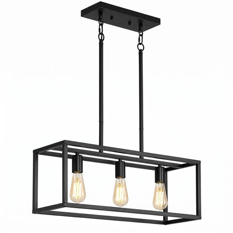 Black Industrial Kitchen Island Light With 3 Light Linear Cage Chandelier, hanging, metal rectangular frame, E26 bulbs visible