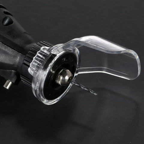 Close-up of a drill with a transparent shield from the Two Pack Electric Grinder Face Shield Protective Covers For Engraving Machines.