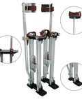 Adjustable Drywall Stilts 18 To 30 Inches Aluminum Walking Stilt with anti-slip rubber soles and metal buckles, ideal for sheetrock.