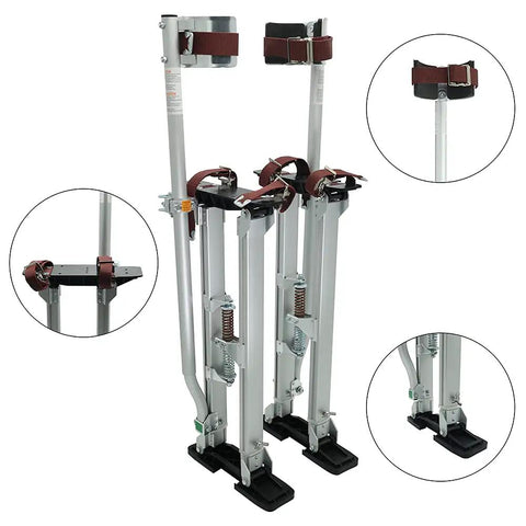 Adjustable Drywall Stilts 18 To 30 Inches Aluminum Walking Stilt with anti-slip rubber soles and metal buckles, ideal for sheetrock.