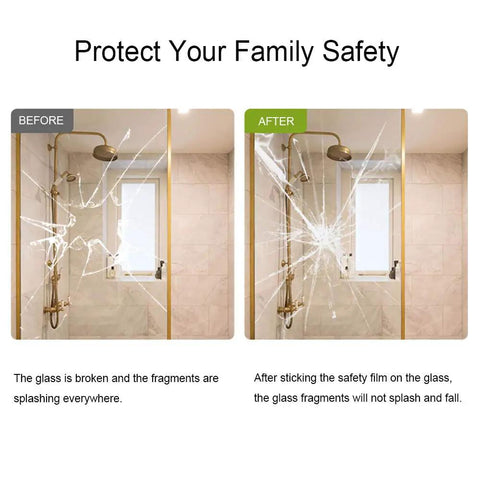 Clear Window Security Film Adhesive 2 Mil Anti Shatter UV Blocking Shield for Home and Office applied to shower glass before and after