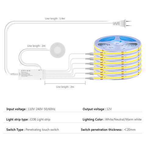 Coiled 12V Modular COB LED Cabinet Light Strips with touch dimmer and hidden sensor, showing connections and voltage details.