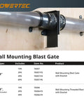 Built Tough 4 Inch Wall Mount Blast Gate With Bracket For Dust Collector, mounted on wooden wall with pipes.