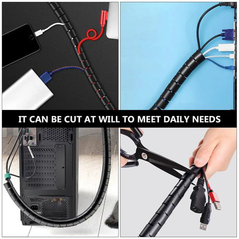 10m Black Spiral Cable Sleeve For Pet Proof Cord Management And Desk Wire Protection Kit shown with cables