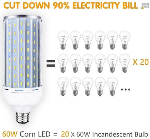 Ultra Bright 60W LED Corn Light Bulb E26 E27 Base equals 20 incandescent bulbs, energy-efficient comparison chart