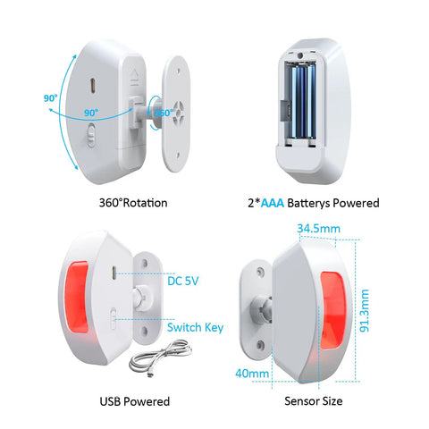 Wireless Pro Motion Sensor Alarm For Home Office And Store Security, showing rotation, battery compartment, and size dimensions.