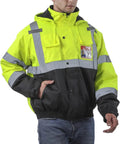Reflective Hi Vis Bomber Jacket For Men, Waterproof Construction Safety Coat with Pockets and Zipper, Detachable Hood, worn by model