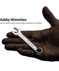 WaveDrive Pro Combination Wrench Set For Regular And Rounded Bolts shown in a hand for scale, highlighting its compact size.