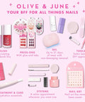 Various Olive & June nail products including polish, press-ons, gels, tools, and nail art kits on a pink background.