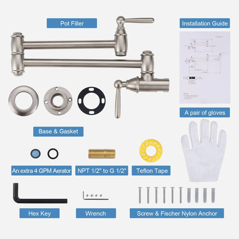 Brushed Nickel Pot Filler Faucet Wall Mount With Double Joint Swing Arms And Two Handles High Flow Brass Stove Faucet kit