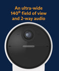 Outdoor Security Camera Series 2 With 1080p Video Wireless And Wired Motion Alerts And AI Threat Detection Keeps Your Home On Lock Works With Gen 3 Home Security System Real Time Alerts For Peace Of Mind, close-up showing lens and ultra-wide 140-degree field of view.