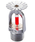 Heavy Duty Quick Response Pendent Fire Sprinkler Head Built Like A Tank With Half Inch Thread Solid Copper Construction showing chrome finish and red glass.
