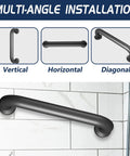 Heavy Duty 12 Inch Black Metal Handrails for Indoor and Outdoor Safety, showing vertical, horizontal, and diagonal installation options.