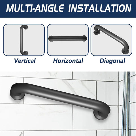 Heavy Duty 12 Inch Black Metal Handrails for Indoor and Outdoor Safety, showing vertical, horizontal, and diagonal installation options.
