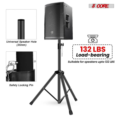Heavy Duty Adjustable Speaker Stands Pair, 54 Inch Tripod Bases With 132 Lbs Capacity, close-up of 35mm pole mount and locking pin
