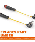 Pair of black brake pad wear sensors with yellow wires, orange grommets, and plug connectors