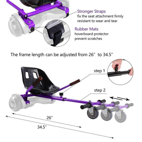 Hoverboard Seat Attachment Fits 6.5 To 10 Inch Self Balancing Scooters, Go Kart Conversion Kit, Purple, with adjustable frame and straps.