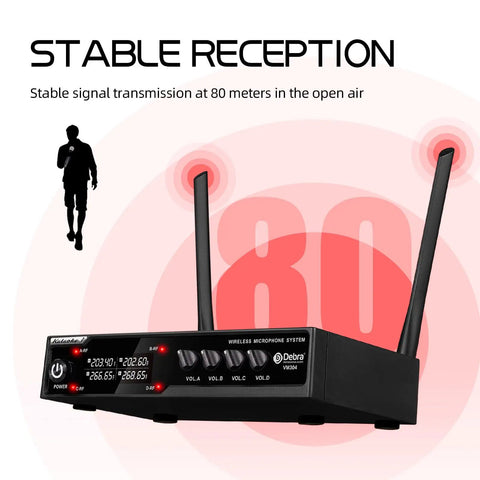 VM304 VHF Wireless Microphone System With Four Handheld Mics And XLR Outputs, dual antennas for stable reception at 80 meters