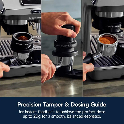 La Specialista Touch Espresso Machine With Grinder And Milk Frother showing dosing and tamping guide in use