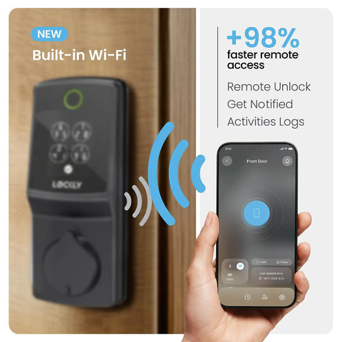 Secure Pro Wi-Fi Deadbolt Smart Lock Packs Hella Fast Ai Fingerprint Unlock In Just.2 Seconds Alongside A Ridiculously Slim Interior Body for remote access using smartphone.