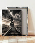 Killer Monochrome Train Canvas Wall Art Vintage Steam Locomotive Poster With Desert Canyon Tracks And Dramatic Storm Clouds Framed 24x36 Inches Ideal For Living Room Or Man Cave Decor